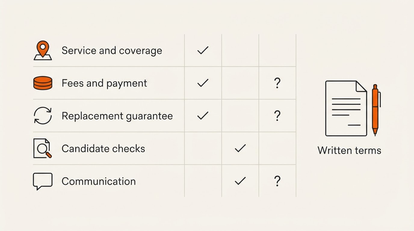 Agency comparison worksheet covering services, fees, replacement terms, candidate checks and communication.